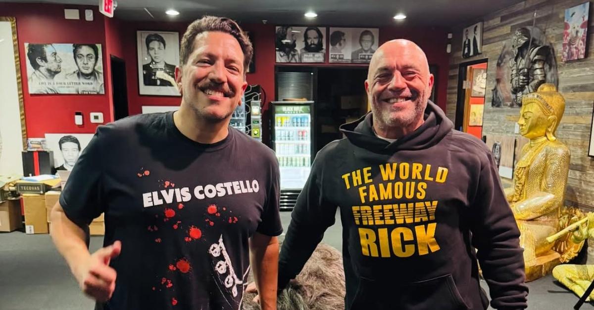 Sal Vulcano and Joe Rogan together with a prop werewolf.