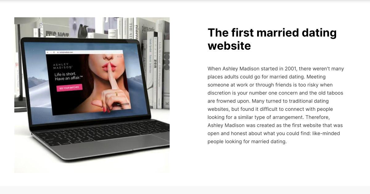 Ashley Madison website on a laptop and a description of the website