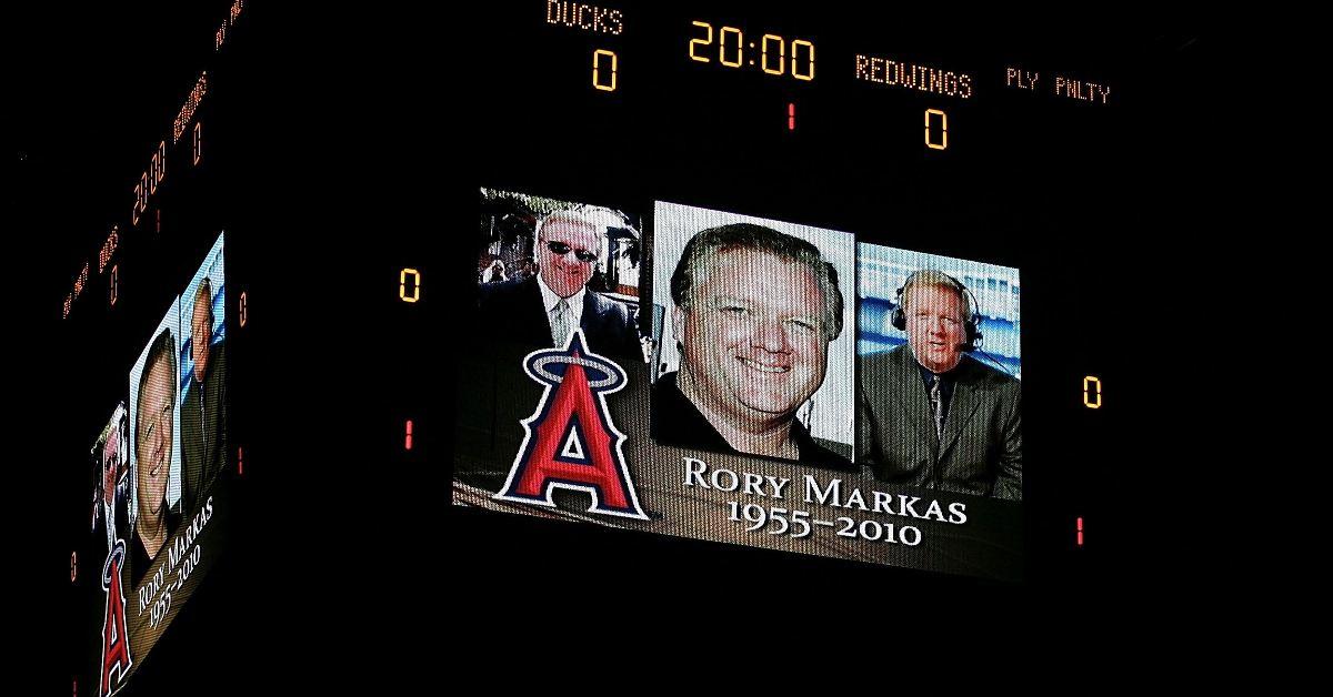 Image of announcer Rory Markas on jumbotron. 