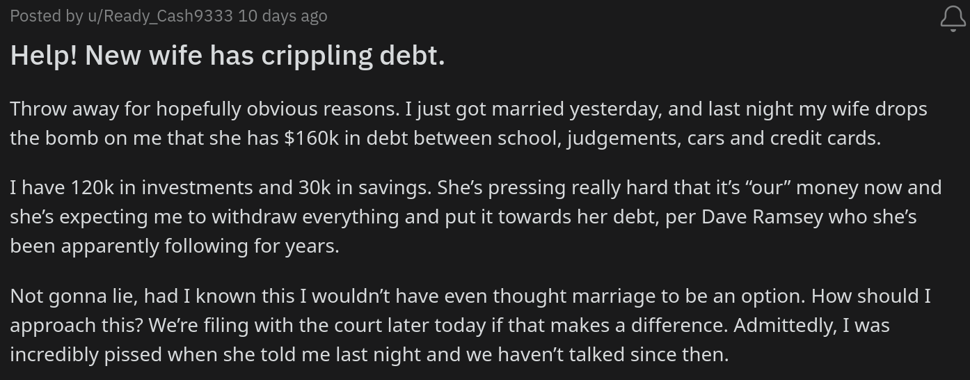 wife wants husband to pay her debts