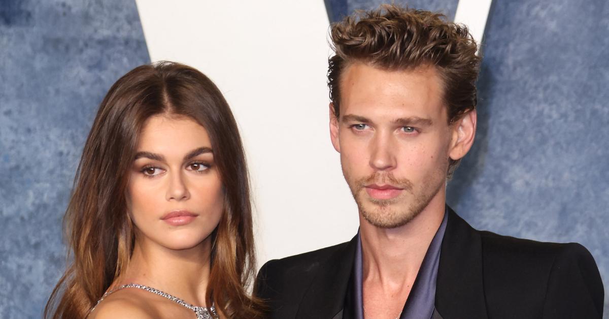 Kaia Gerber and Austin Butler pose on a red carpet together in March 2023.