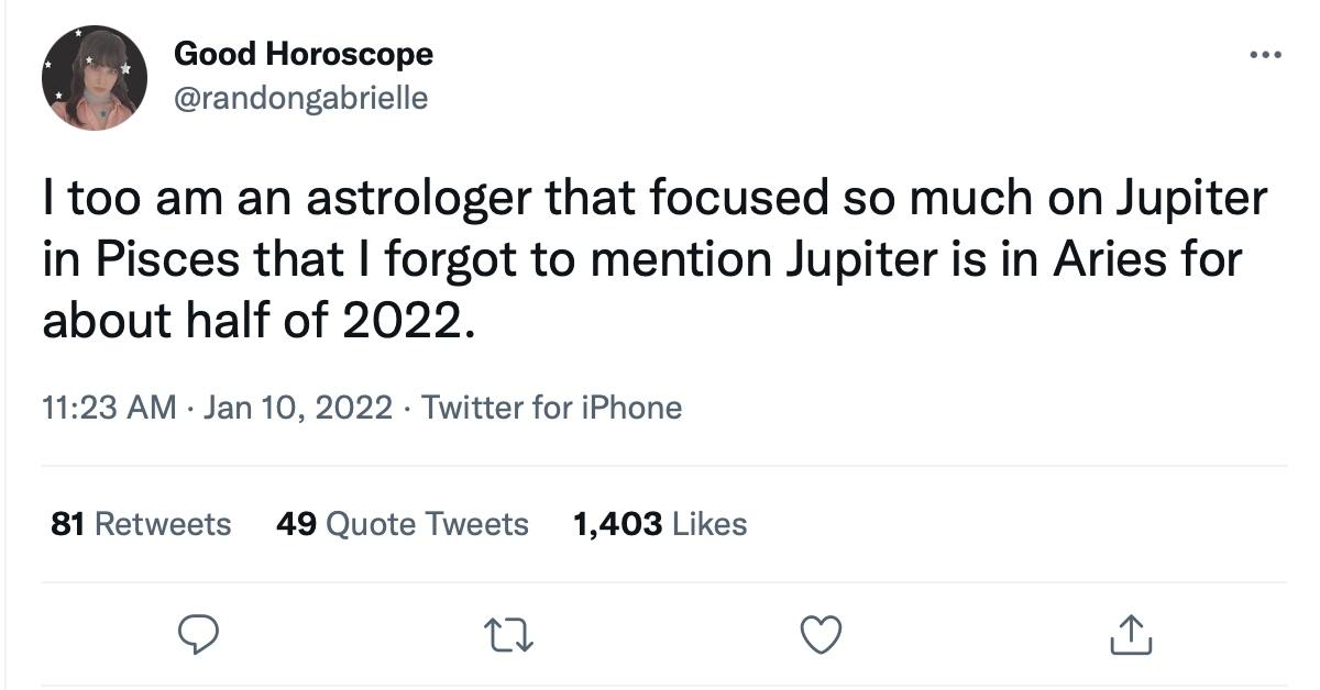 A tweet about Jupiter entering Aries 