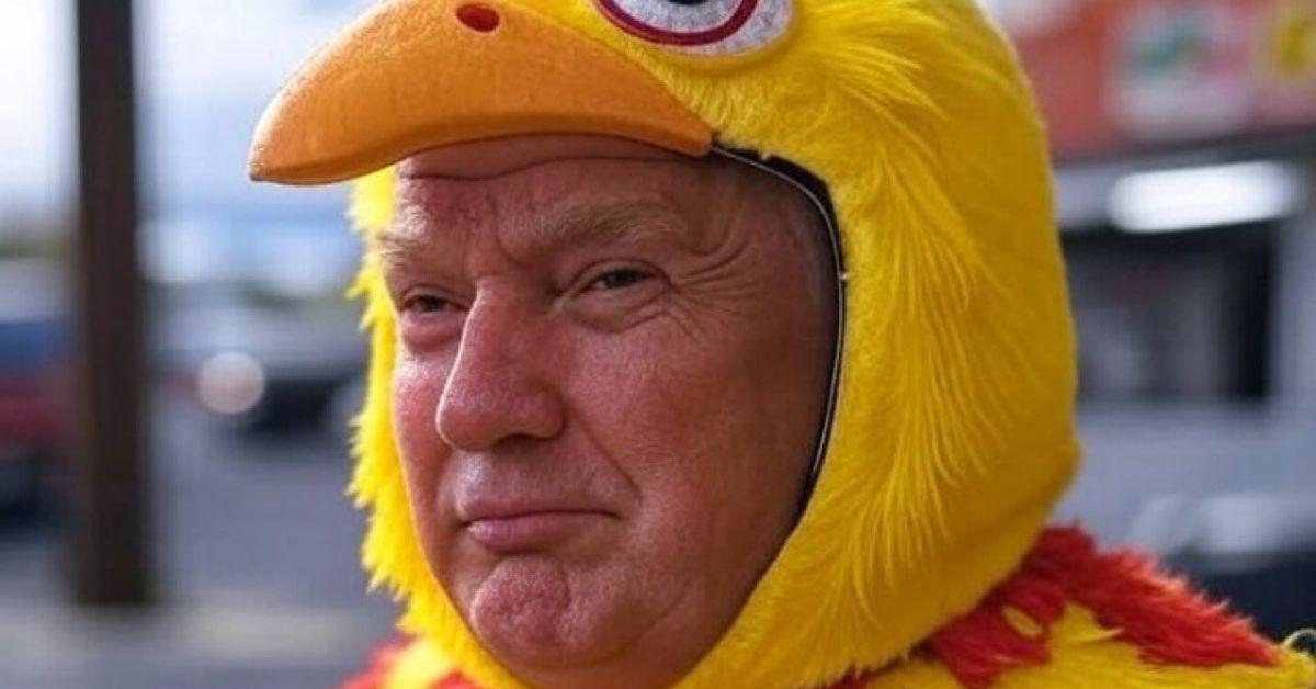 An AI-generated image of Trump in a chicken suit. 