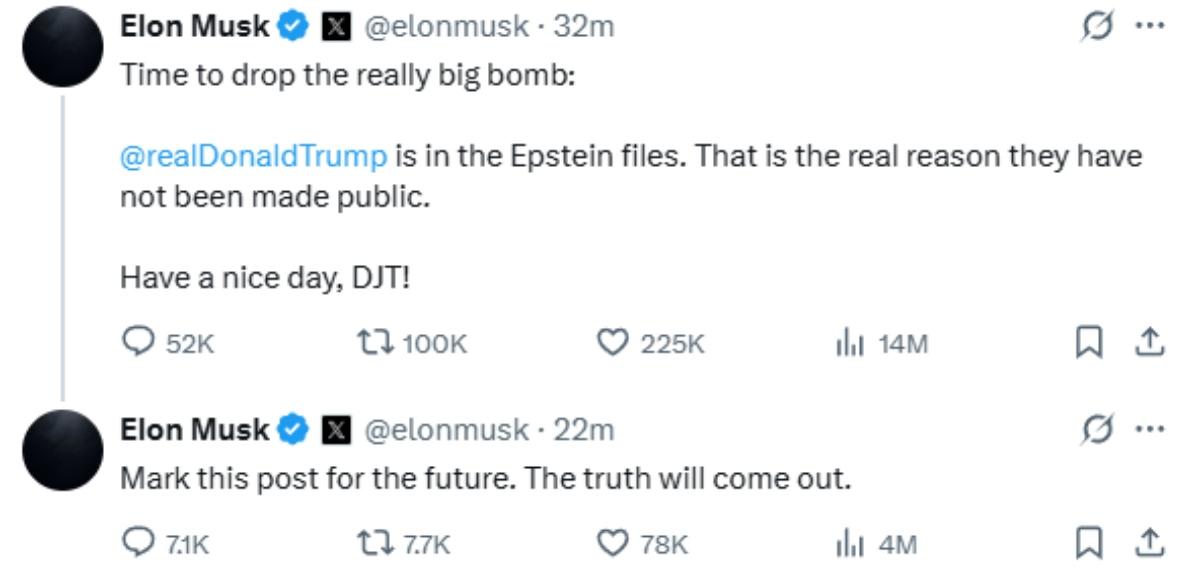 Elon Musk posts about Donald Trump and the "Epstein List"