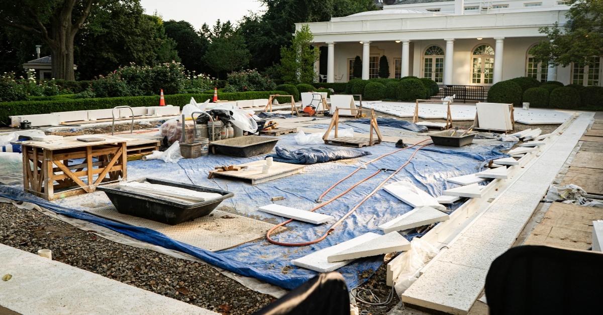 The paved rose garden during renovations