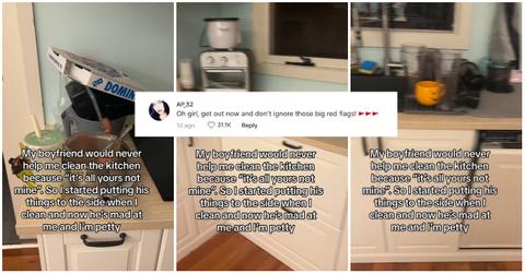 (l-r): woman's boyfriend's mess and her clean kitchen/ a TikTok commenter