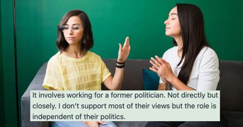 A woman is upset with her friend behind a comment about a woman's friend who is upset over her job.