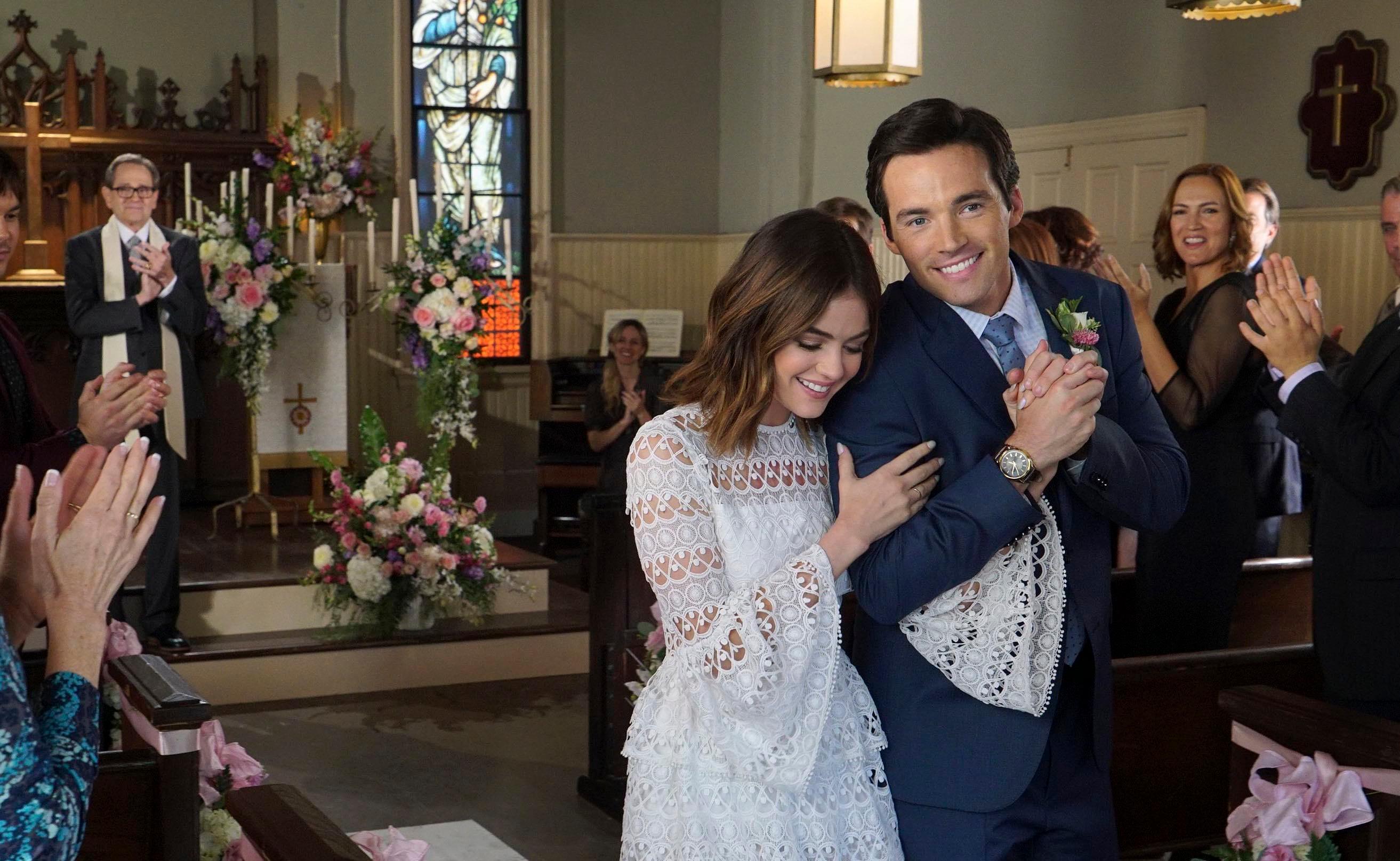 Lucy Hale as Aria and Ian Harding as Ezra in the series finale of 'Pretty Little Liars.'