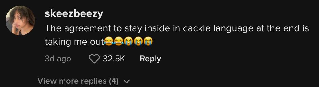 TikTok user @skeezbeezy commented, "The agreement to stay inside in cackle language at the end is taking me out😂😂😭😭😭"