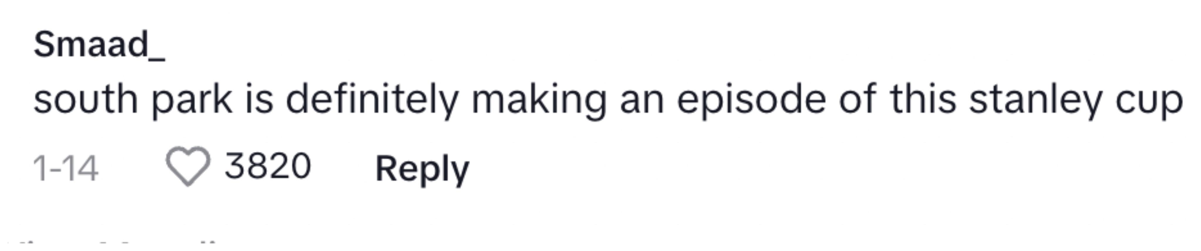 A TikTok commenter on Kobe's post about kid being bullied for stanley cup, predicting south park will do an episode about stanleys