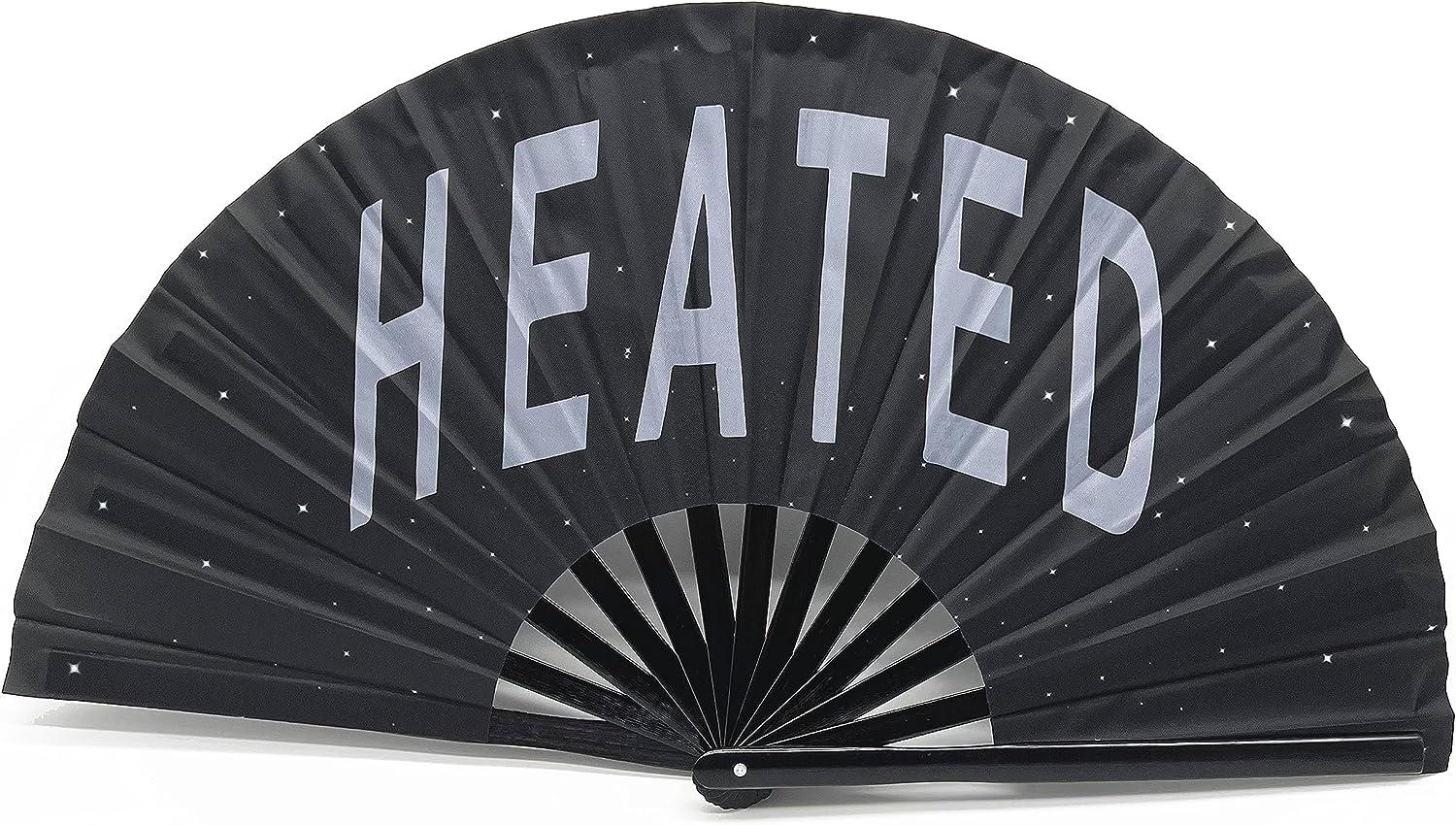 A black sparkle fan that says "HEATED"