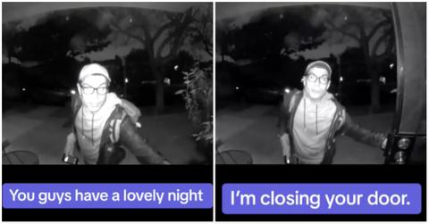 Good samaritan closes sleeping woman's front door on doorbell camera at 3 A.M.