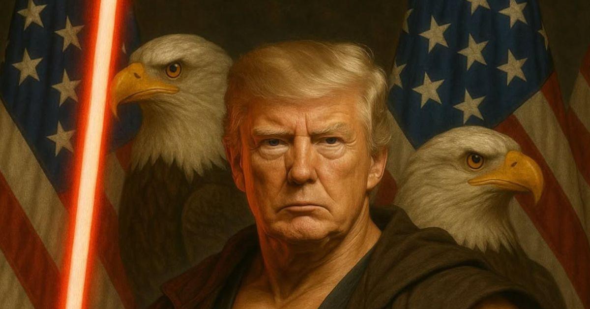 Donald Trump holding a red lightsaber in some AI art. 