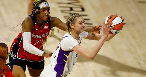 Cameron Brink #22 of the Los Angeles Sparks and Aaliyah Edwards #24 of the Washington Mystics