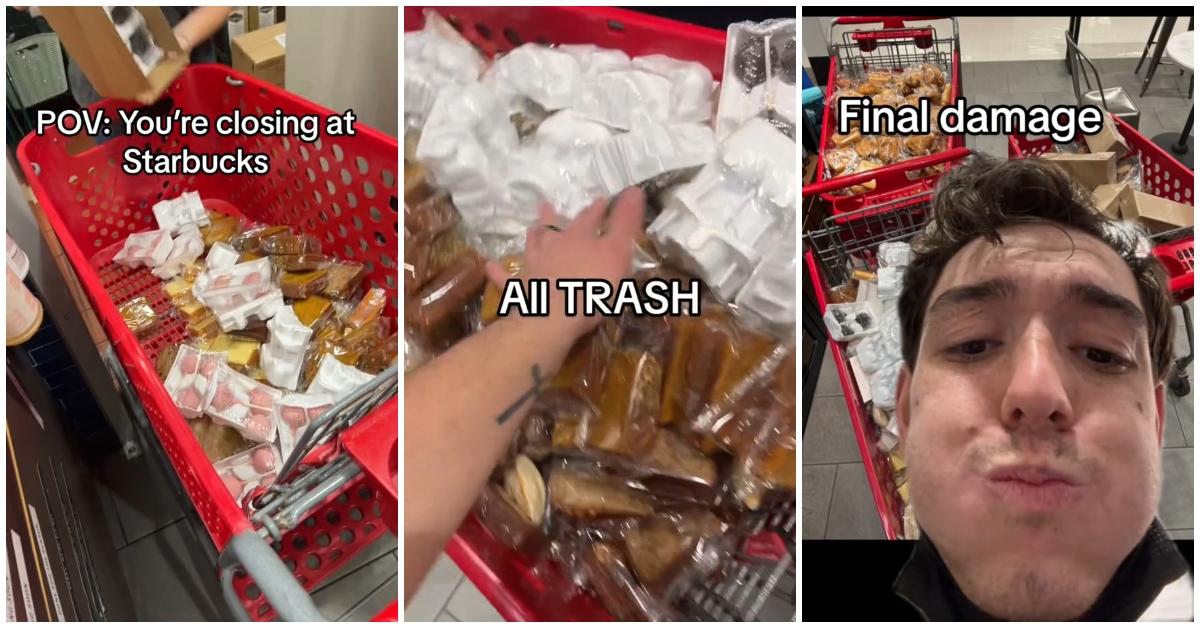 A Starbucks employee putting pastries in a Target cart. 