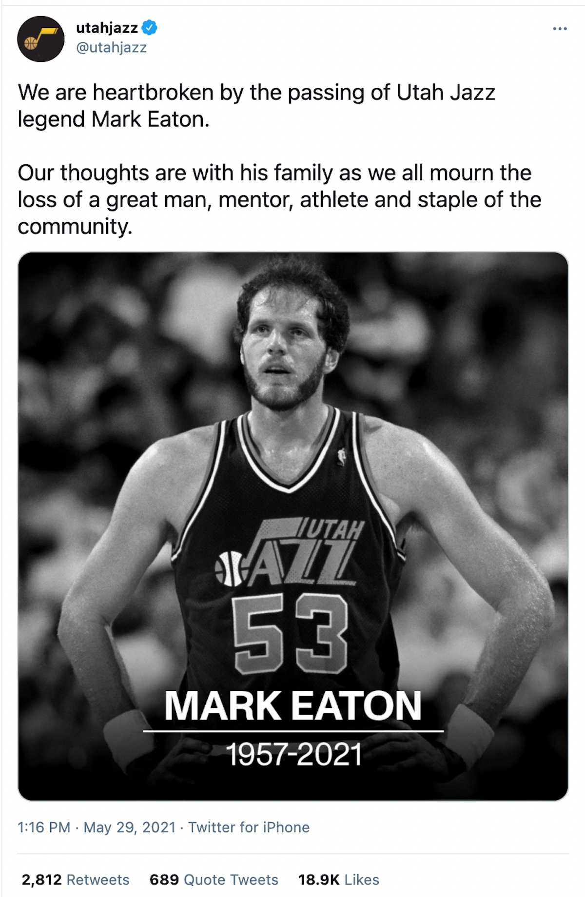 Former Utah Jazz center Mark Eaton dies at age 64
