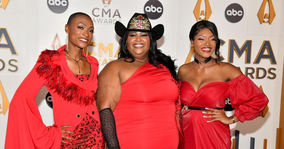 Trea Swindle, Danica Hart and Devynn Hart of the band Chapel Hart attend the 57th Annual CMA Awards at Bridgestone Arena on November 08, 2023 in Nashville, Tennessee. 