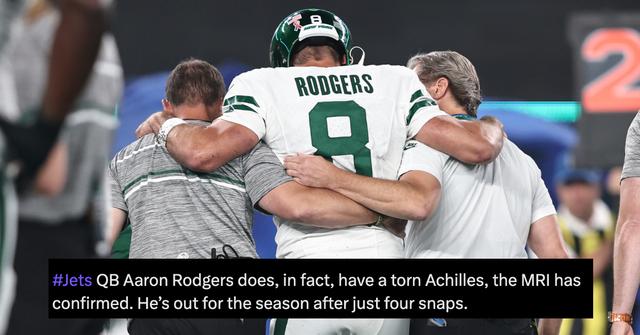 Jets quarterback Aaron Rodgers tore his Achilles and will miss the entire 2023 NFL season.