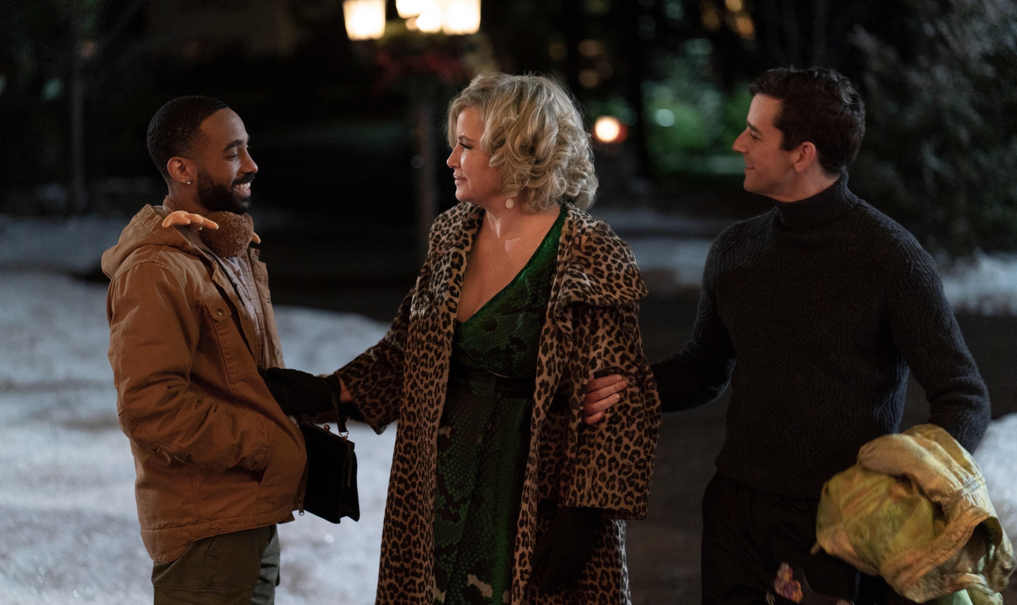 Philemon Chambers, Jennifer Coolidge, and Michael Urie in 'Single All the Way'