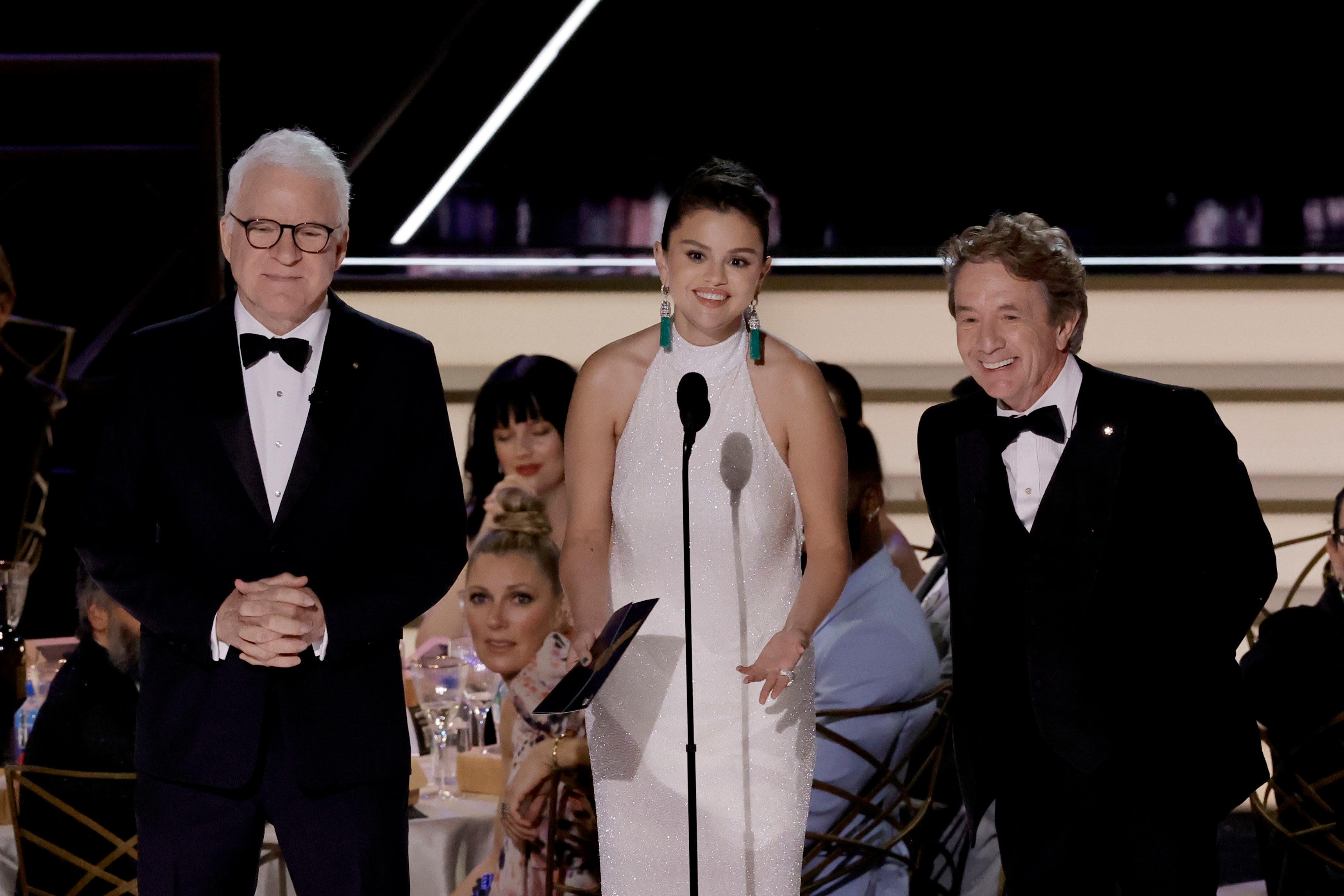 Steve Martin, Selena Gomez, and Martin Short presenting at the 74th Primetime Emmy Awards.