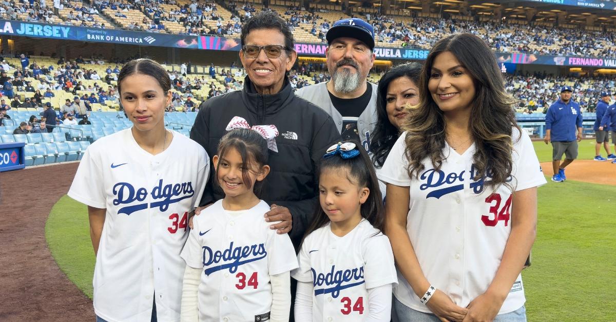 Fernando Valenzuela poses with his family prior to the Dodgers-Giants game on Monday April 1, 2024.