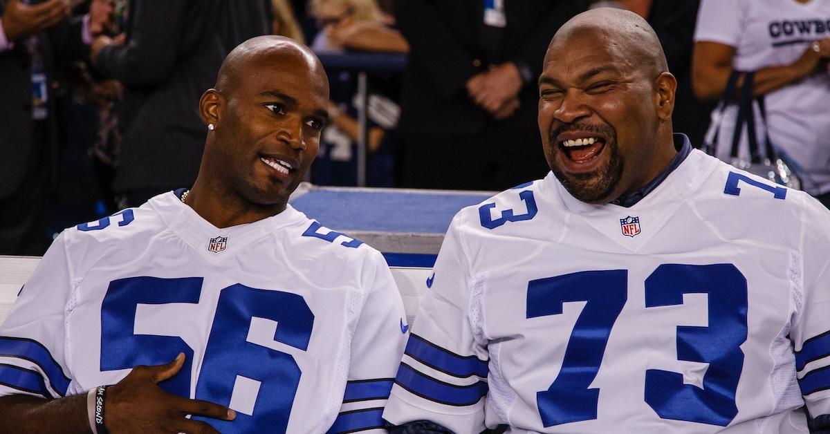 Former Dallas Cowboys Brady James and Larry Allen before the Dallas Cowboys and Washington Redskins game in 2014