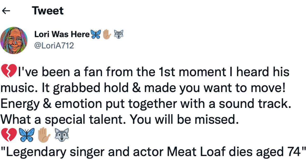 A tweet about Meat Loaf's tragic passing 