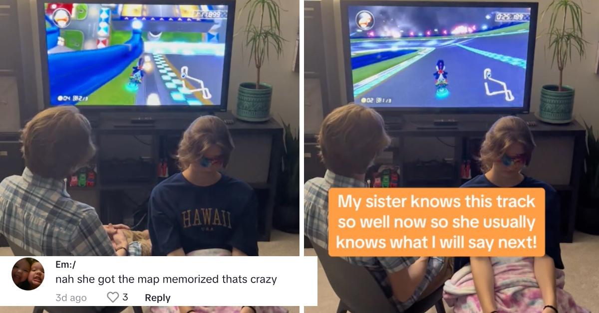 Wes and his sister completing the Mario Kart track while she's blindfolded, with a comment reading "nah she got the map memorized thats crazy"