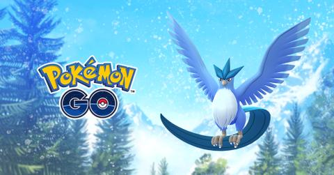 'Pokémon GO' promo art showing Articuno flying in a snowy forest.