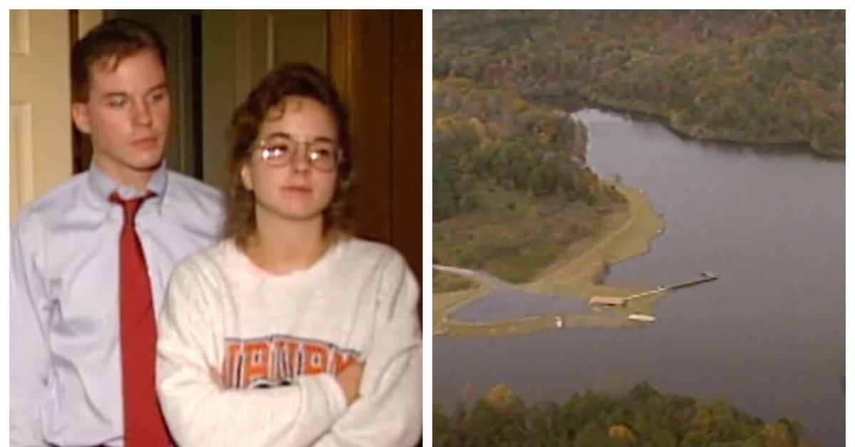 (L-R): Susan Smith (L) with her husband; the lake where she drowned her children