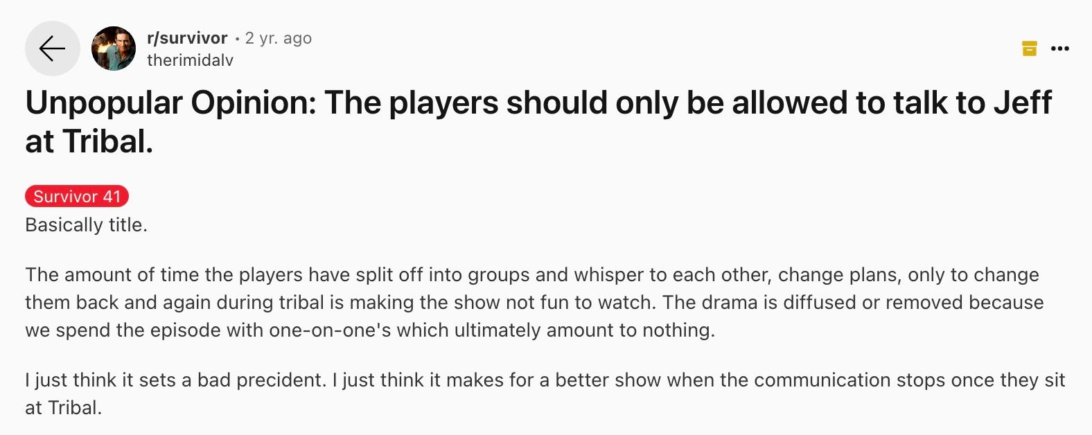 Redditor says players should "only be allowed to talk to Jeff at Tribal"