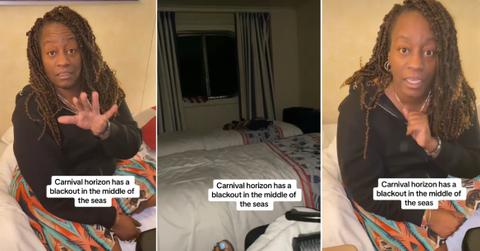 A woman explains a cruise ship blackout