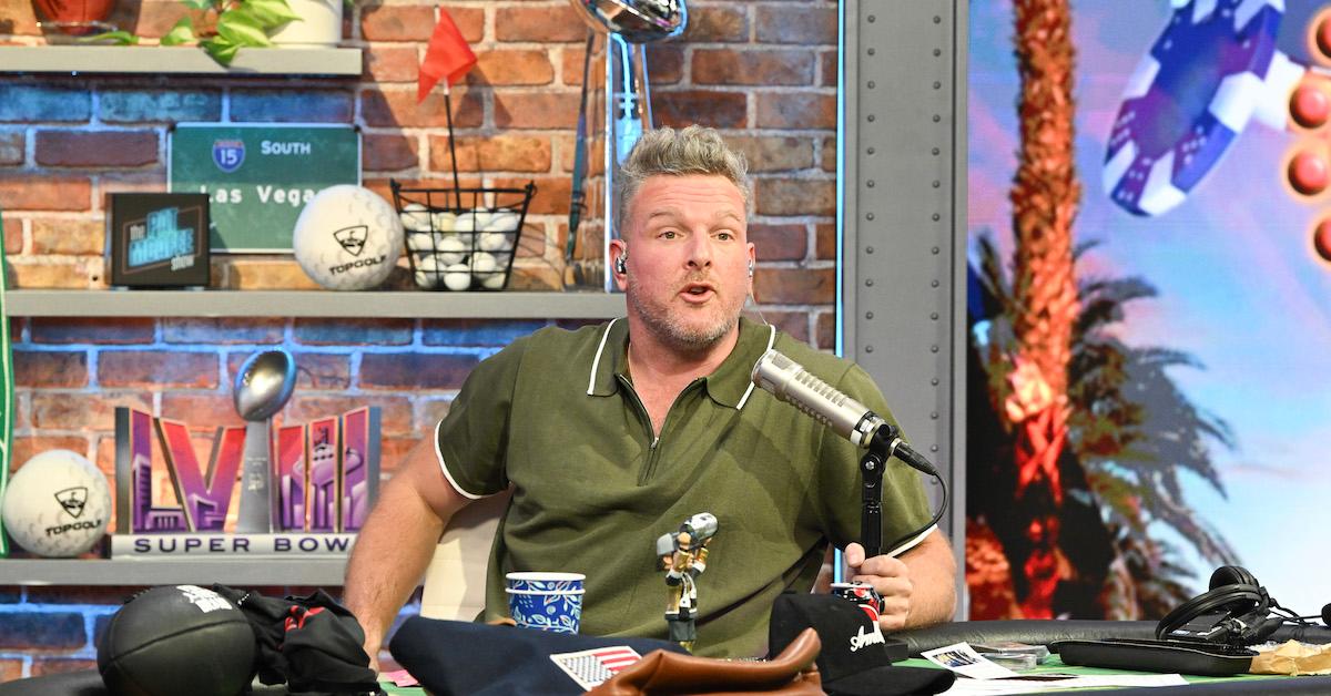 Pat McAfee hosts his show 'The Pat McAfee Show' on Radio Row at the Mandalay Bay Convention Center ahead of Super Bowl LVIII on Feb. 8, 2024 in Las Vegas