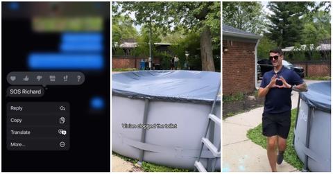 (l-r): Woman's text from husband, woman telling her husband to come into the house, a husband making a heart sign