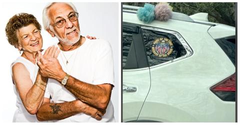 An older couple and a picture of loofahs on a car