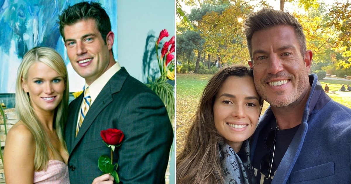 Jesse Palmer with Jessica Bowlin on 'The Bachelor' in 2004; Jesse Palmer with his wife, Emely Fardo, in 2021.