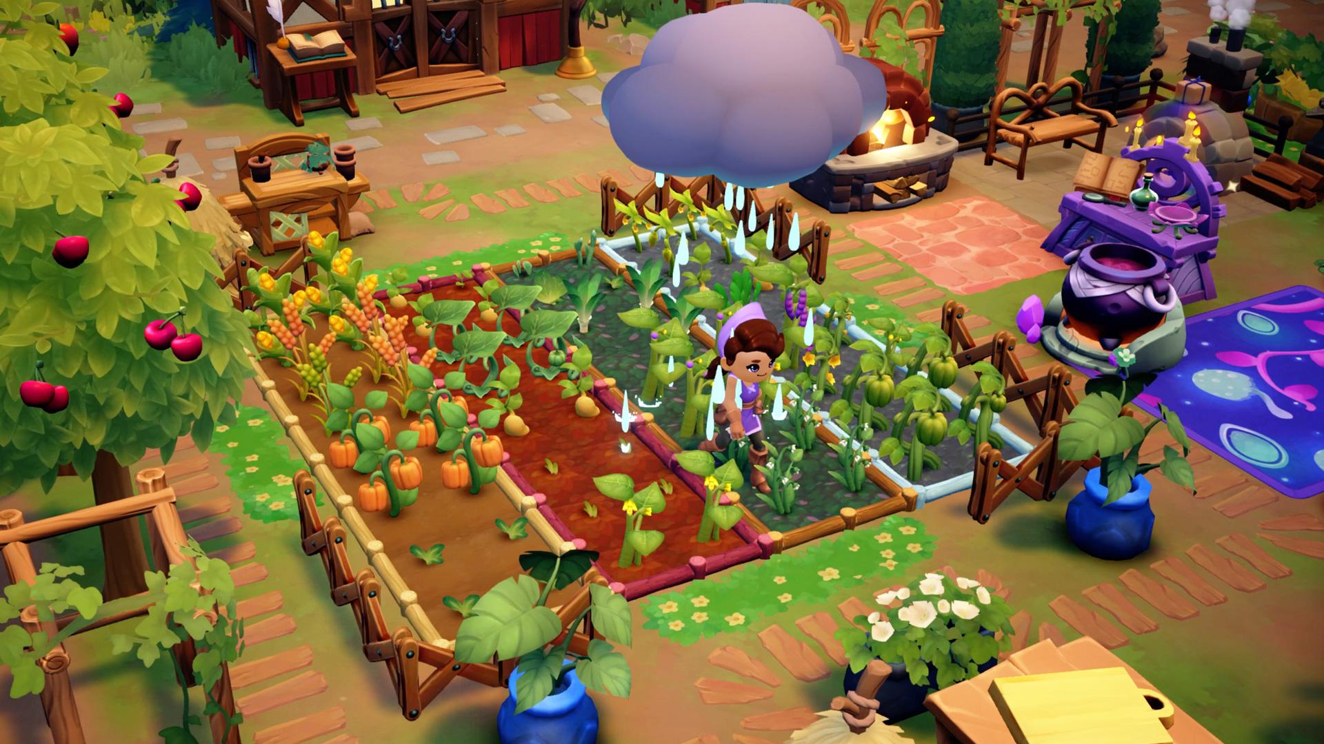 'Fae Farm' Screenshot of player watering their garden in-game.