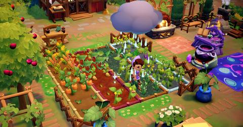 'Fae Farm' Screenshot of player watering their garden in-game.