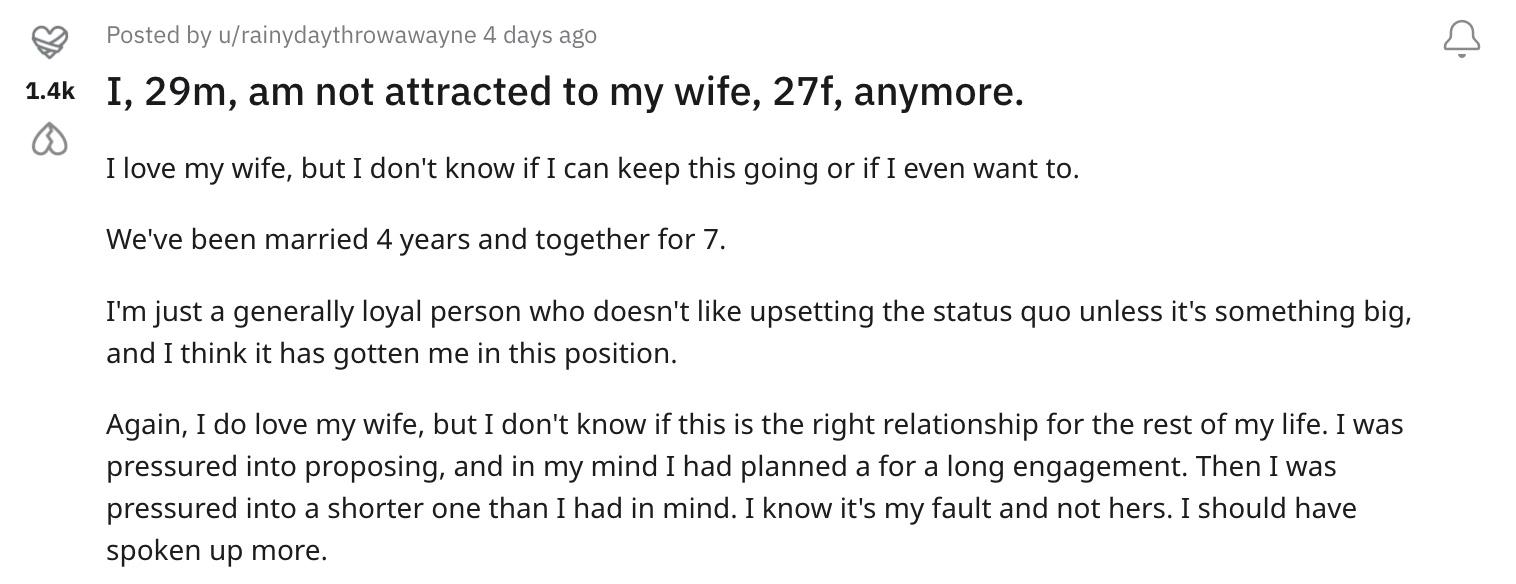 29m not attracted to 27f wife on Reddit