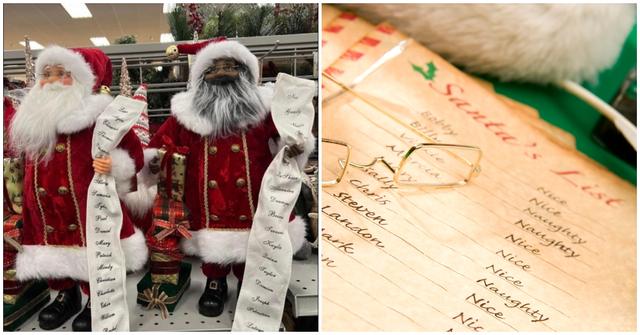 A white Santa and Black Santa holding lists with different names