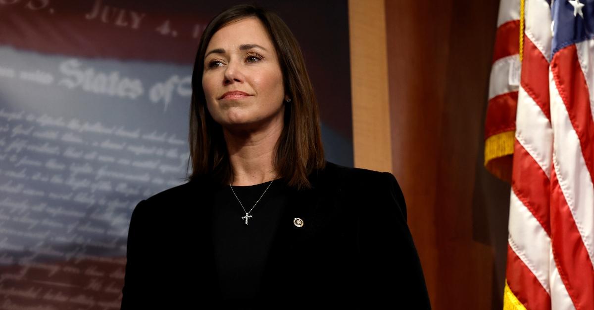 Sen. Katie Britt (R-AL) listens during a news conference on border security at the U.S. Capitol Building on Sept. 27, 2023