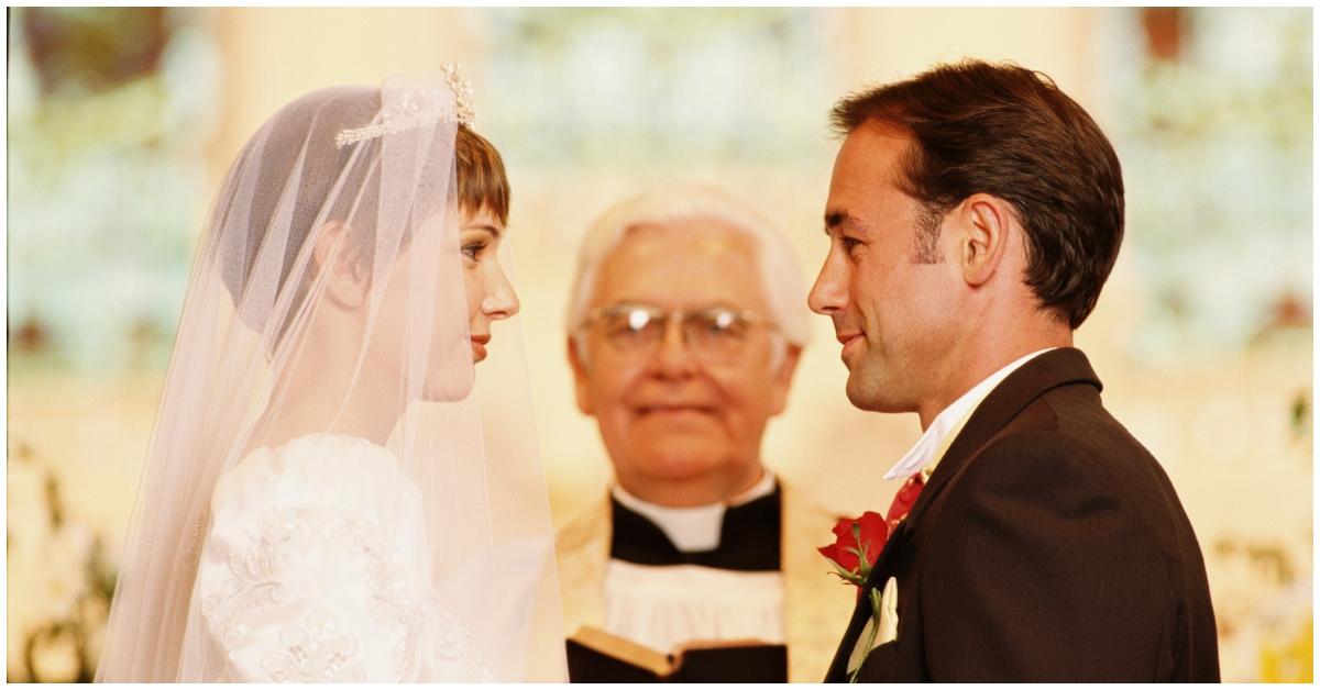 A couple exchanging vows on their wedding day.