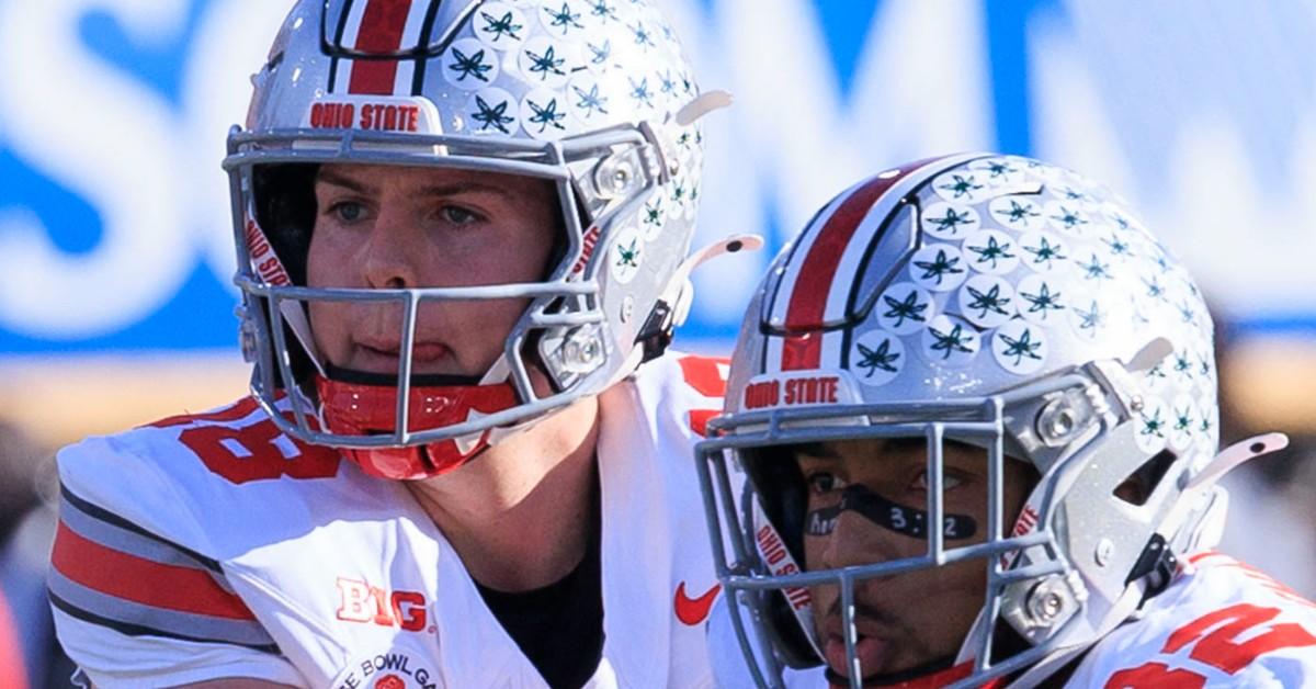 Close-up of stickers on Ohio State helmets