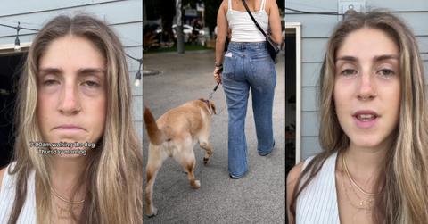 Strange Man Kisses Woman on Sidewalk While She Walked a Dog