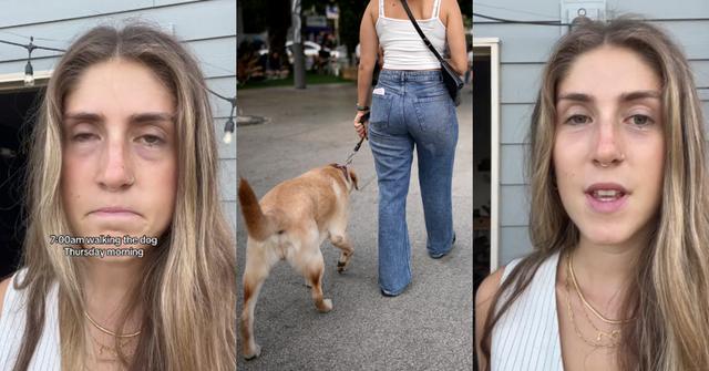 Strange Man Kisses Woman on Sidewalk While She Walked a Dog