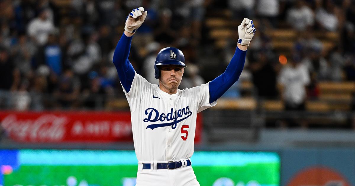 Freddie Freeman celebrating during a game against the San Francisco Giants. 