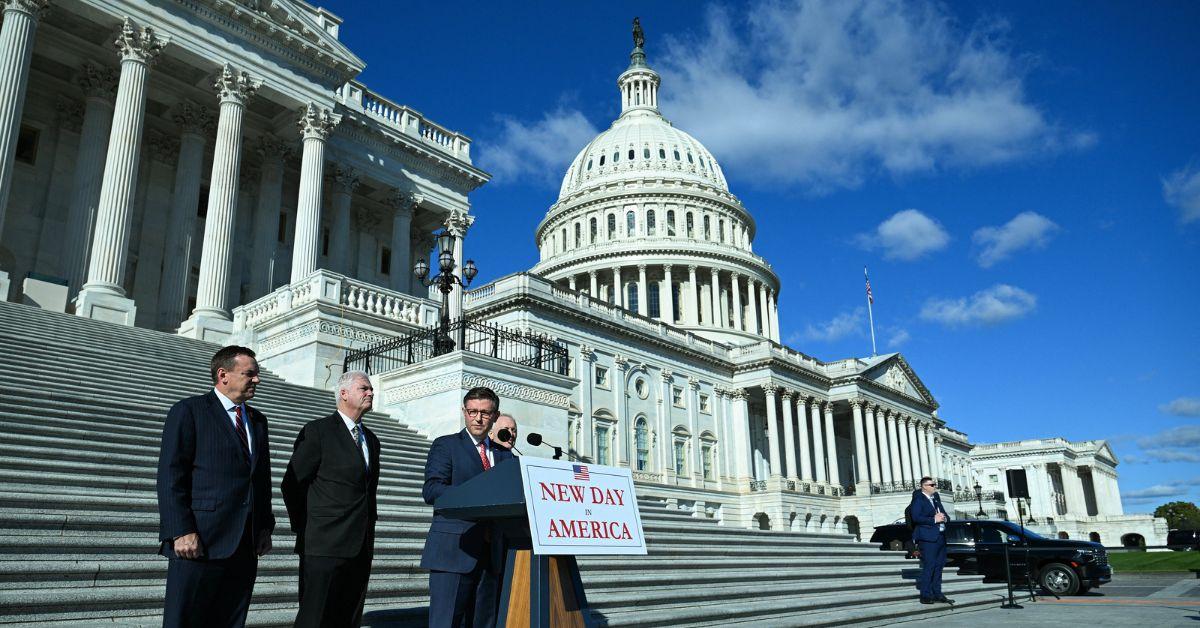 Republican leadership speaking outside of the Capitol. 