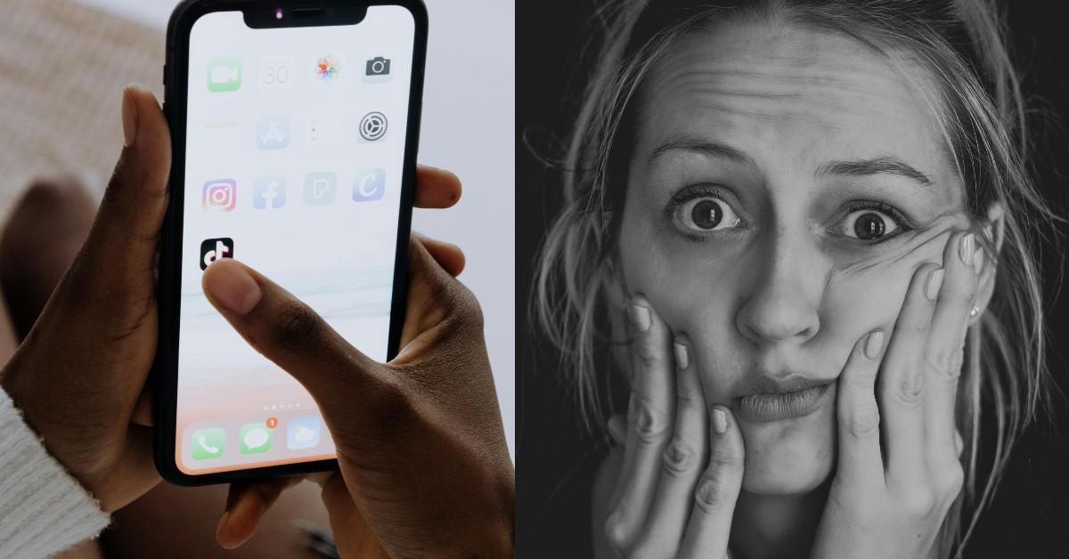 Side by side smartphone with a TikTok icon and a woman looking shocked