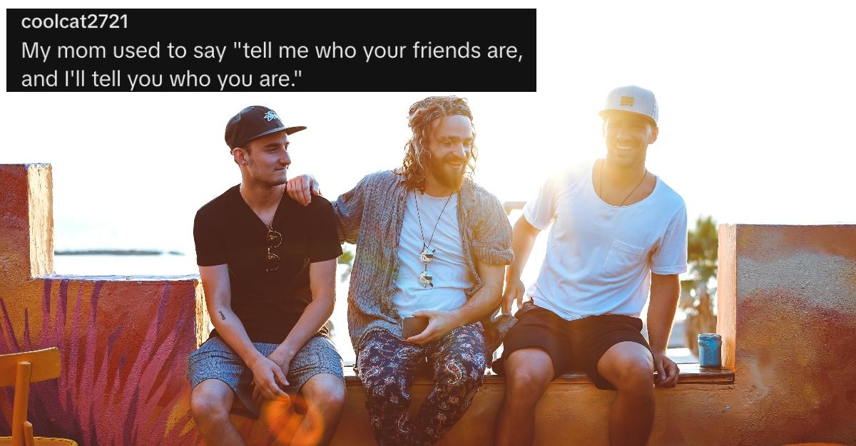 Three men sitting on a wall and a quote about friends