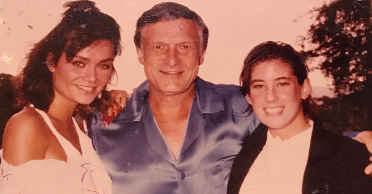 Kendall (left), Hugh Hefner (middle), and Jennifer Saginor (right) hanging out at the Playboy Mansion in 1985.